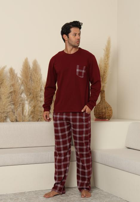 Pijama Barbati ,Maneca si Pantaloni Lungi,Culoare Bordo cu Alb,Engros